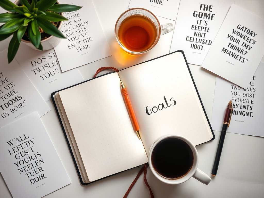 Een serene werkplek met een open journal en thee.