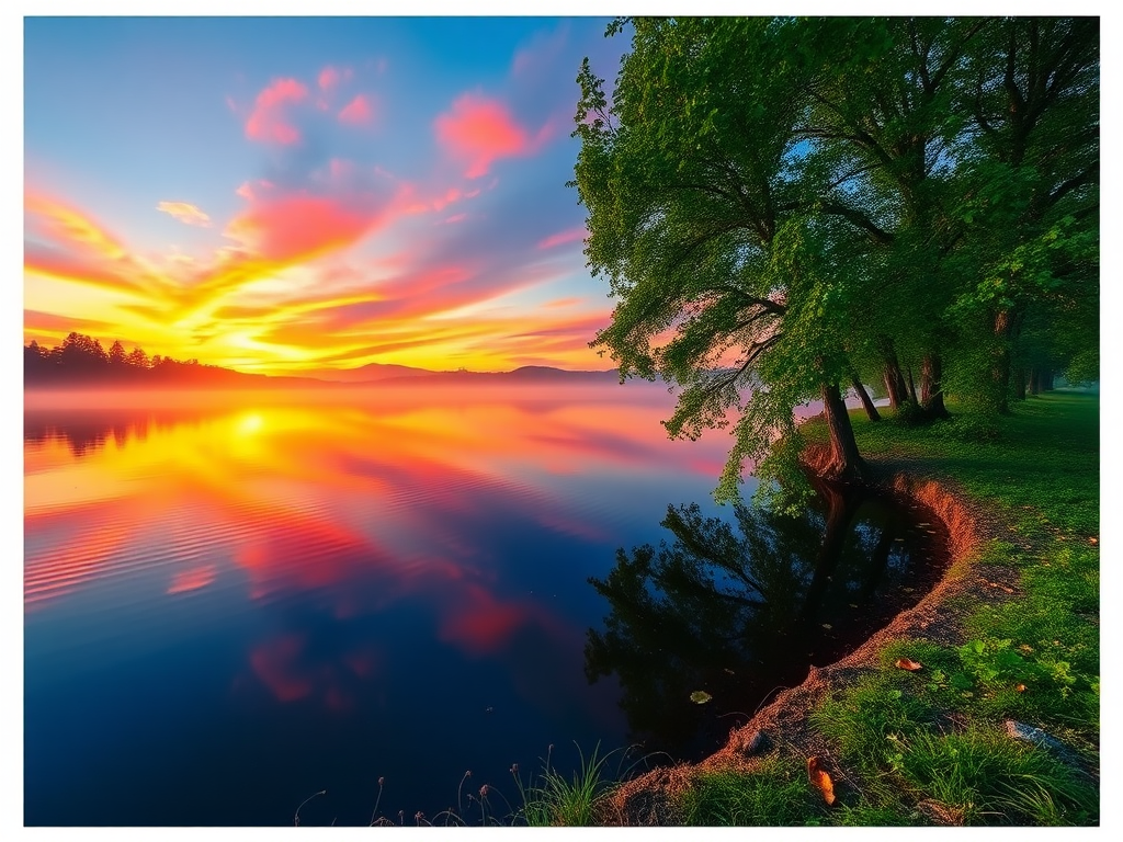 Zonsopgang boven een kalme meer omringd door bomen.