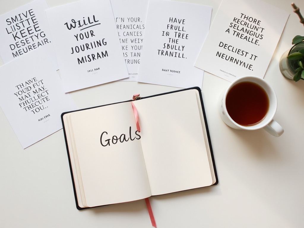 Een rustige werkplek met een open journal en thee.