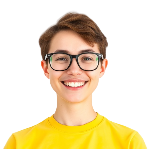 Een persoon met een glimlach voor een witte achtergrond.