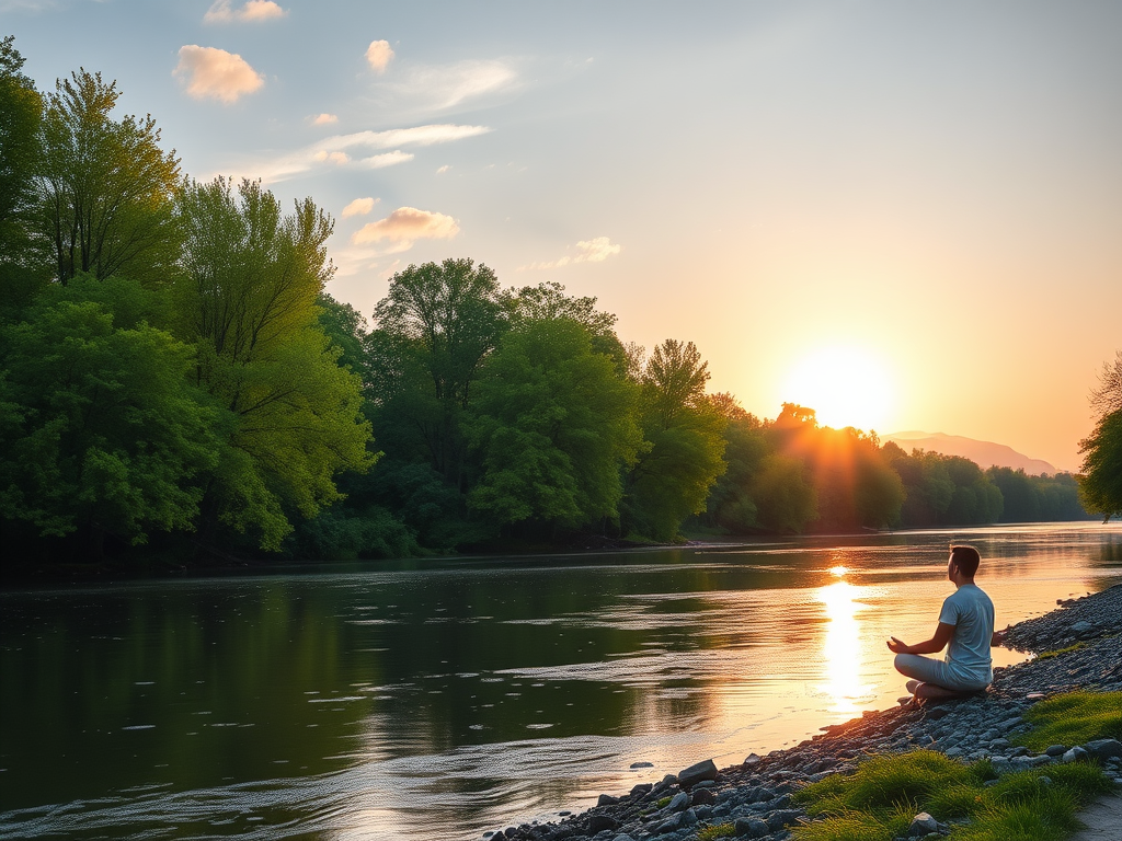 Rustig landschap met een rivier en mediterende persoon.