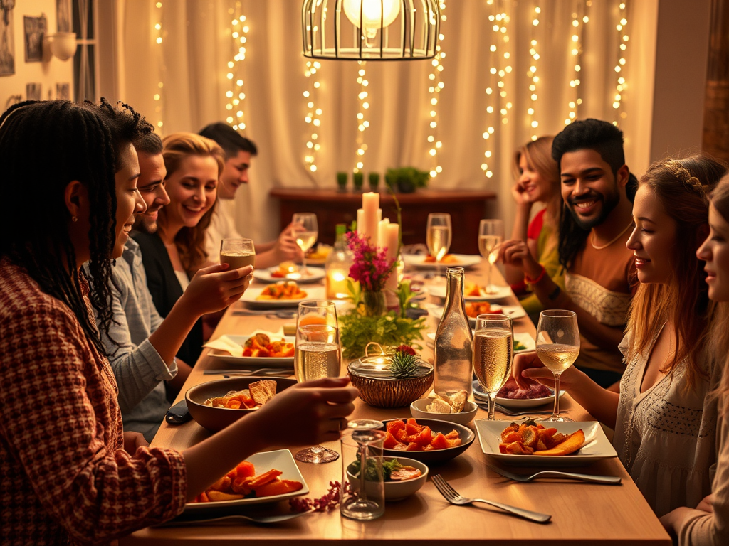 Een diverse groep mensen geniet van een feestelijke maaltijd.