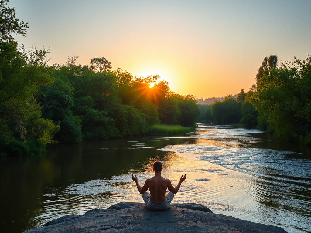 Een persoon mediteert naast een rustige rivier bij zonsopgang.