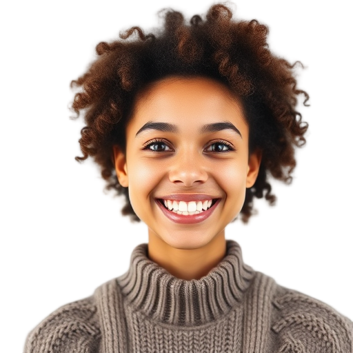 Een persoon met krullend haar glimlacht naar de camera.