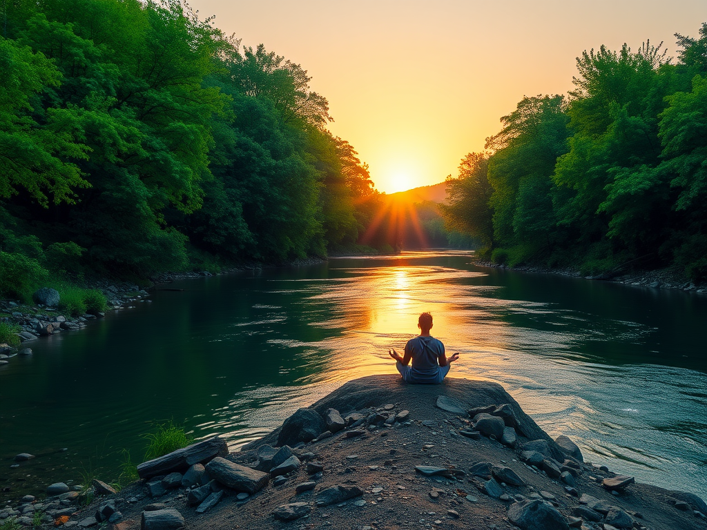 Een persoon mediteert bij een rustige rivier tijdens zonsopgang.