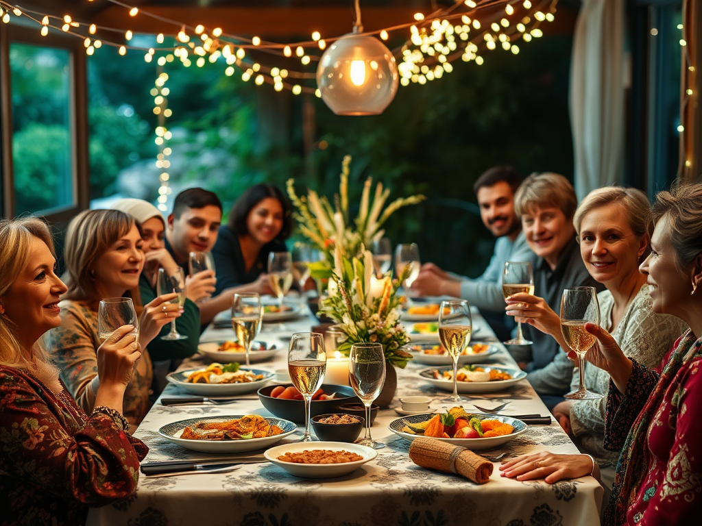 Een warme bijeenkomst van diverse mensen aan een prachtig gedekte tafel.