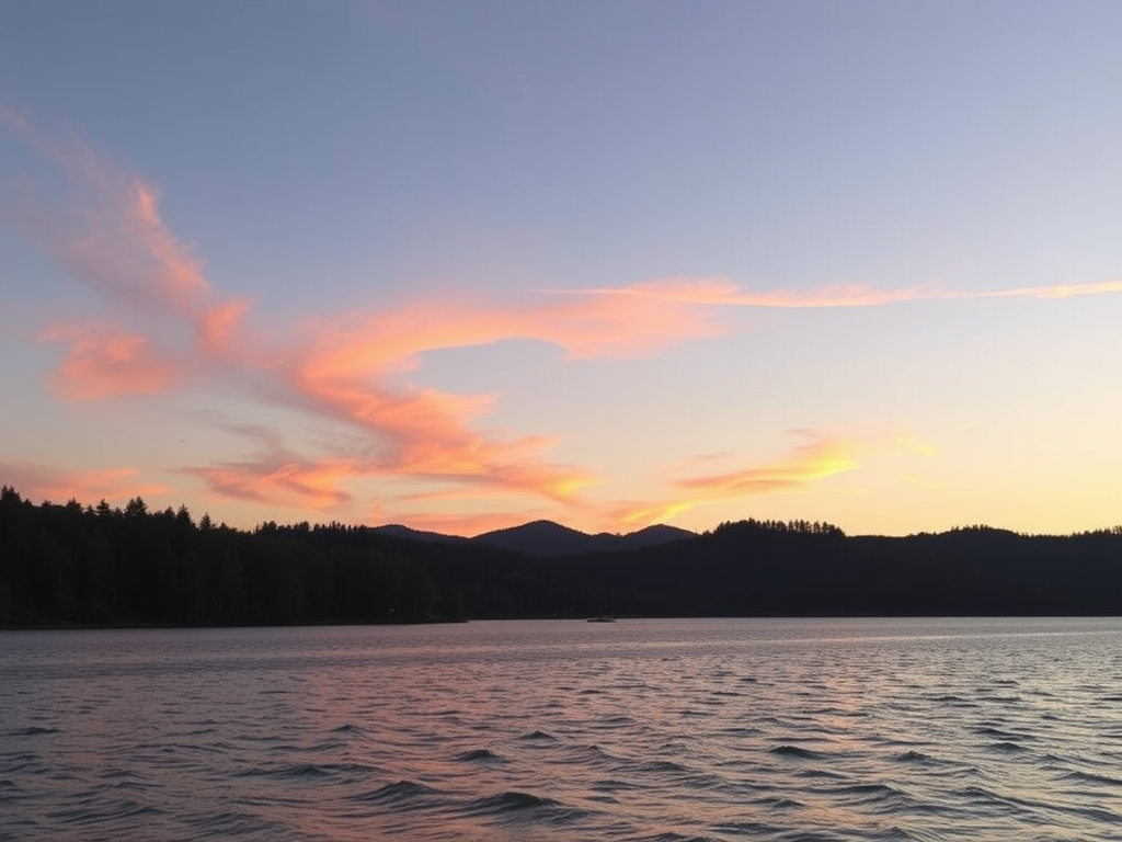 Rustig meer bij zonsondergang met kleurrijke lucht.