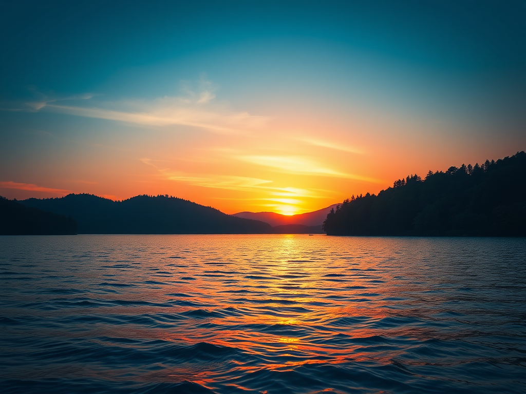 Een serene zonsondergang boven een rustig meer.