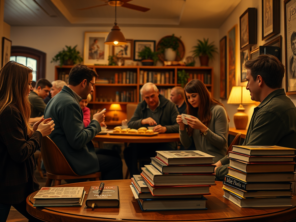 Een gezellige kamer vol mensen die converseren en sandwiches delen.