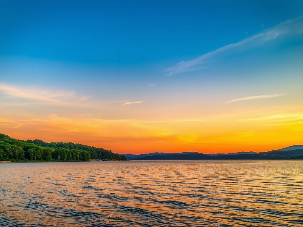 Rustig meer bij zonsondergang, omringd door bomen.