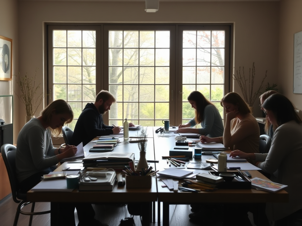 Een serene workshop met deelnemers die aan het journaling zijn.