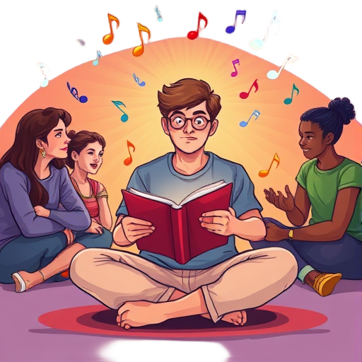 Een persoon zit mediterend met een notitieboekje, omringd door muzikale noten.