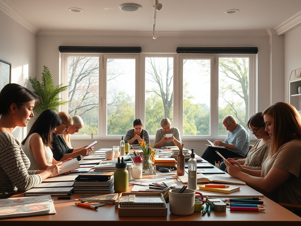Een rustige workshop met mensen die journaling doen.