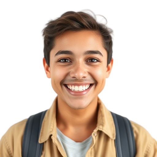 Een persoon met een brede glimlach tegen een witte achtergrond.