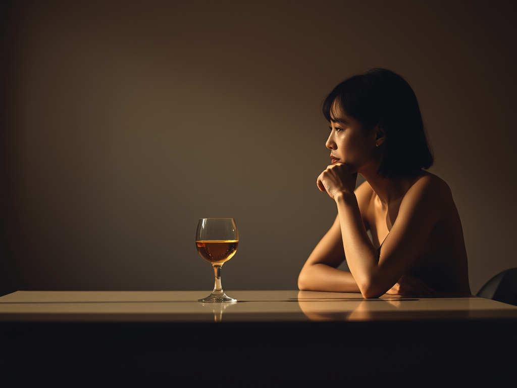 A thoughtful person sitting alone with a glass, soft warm light, subtle reflections on the table, calm background, introspective mood, gentle colors.