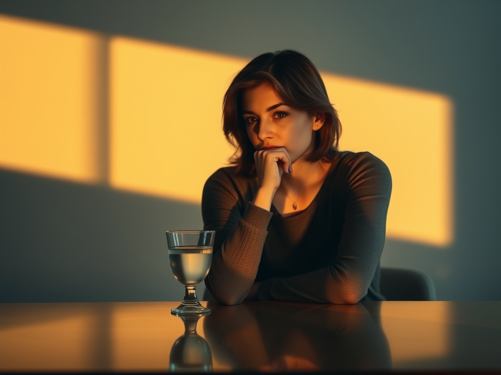 A thoughtful person sitting alone with a glass, soft warm light, subtle reflections on the table, calm background, introspective mood, gentle colors.