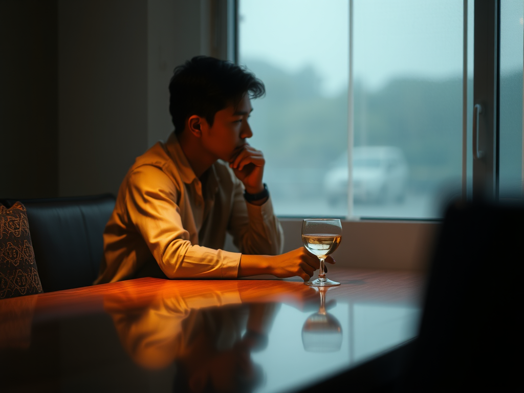 A thoughtful person sitting alone with a glass, soft warm light, subtle reflections on the table, calm background, introspective mood, gentle colors.