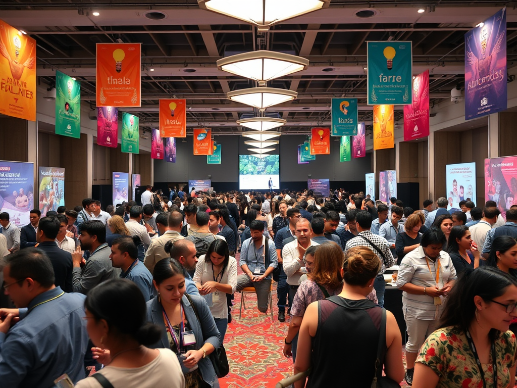 Een drukke conferentiehal met professionals die netwerken.