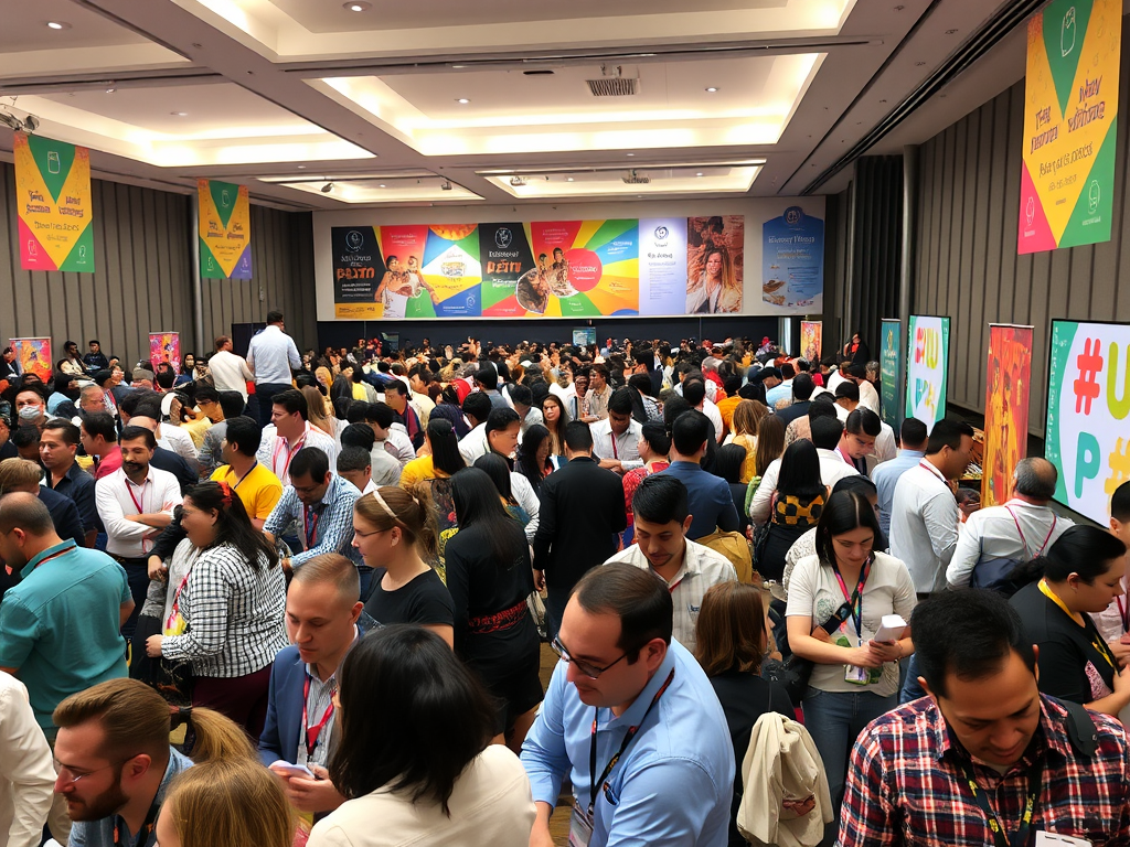 Drukke conferentiehal met professionals die netwerken.