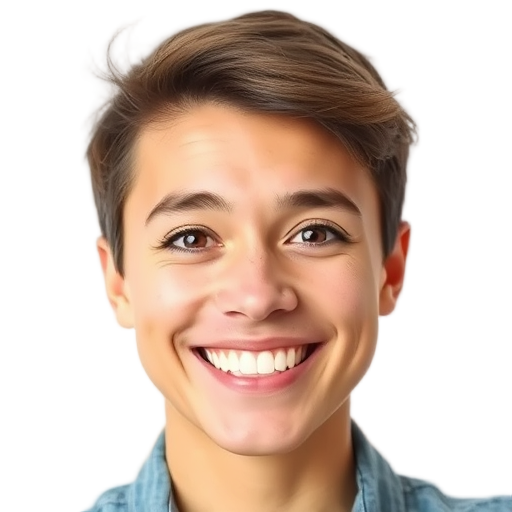 Een persoon die glimlacht voor een witte achtergrond.