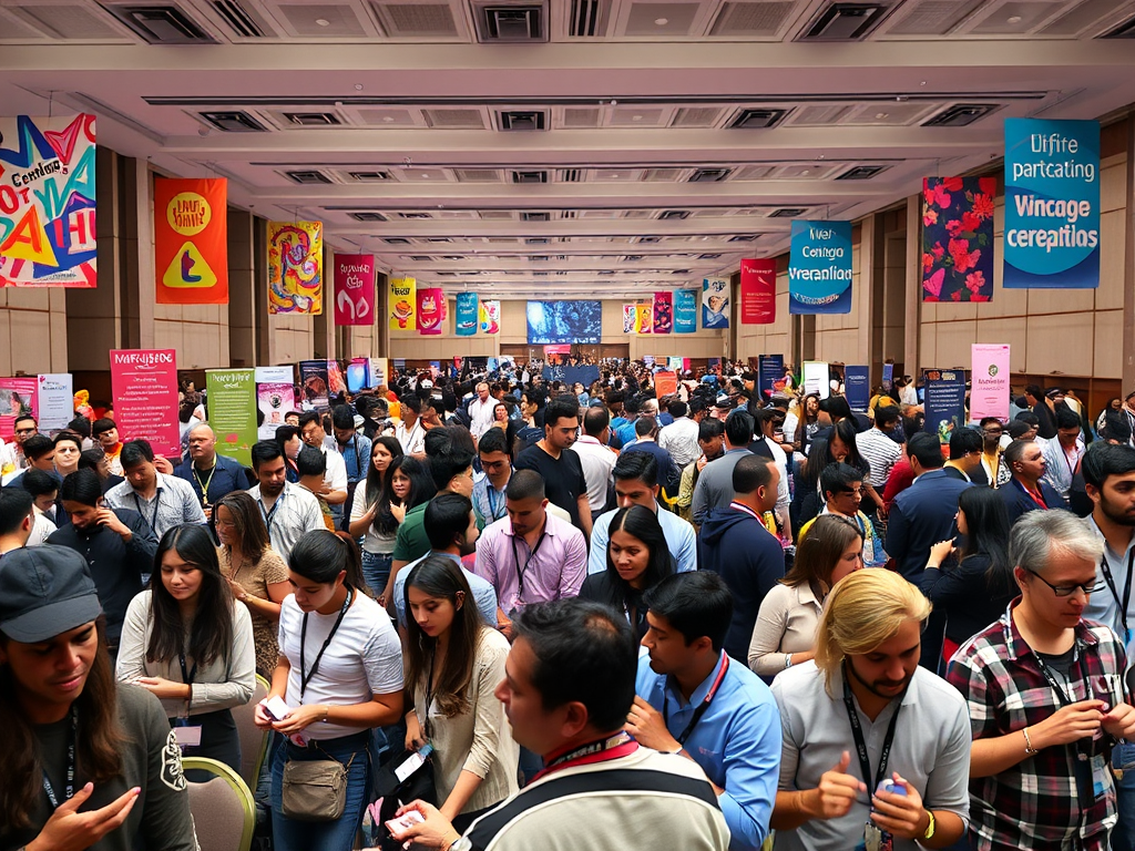 Een levendige conferentiehal vol professionals die netwerken.