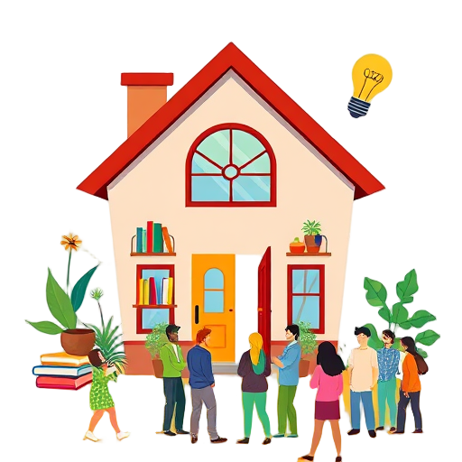 Een kleurrijk huis met een open deur en diverse mensen.