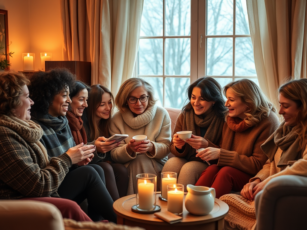 "a diverse group of women" "sharing stories in a cozy living room" "soft warm lighting" "expressive faces showing strength and hope" "winter clothing" "homely environment with blankets and tea" "subtle symbols of energy saving like candles and insulated w