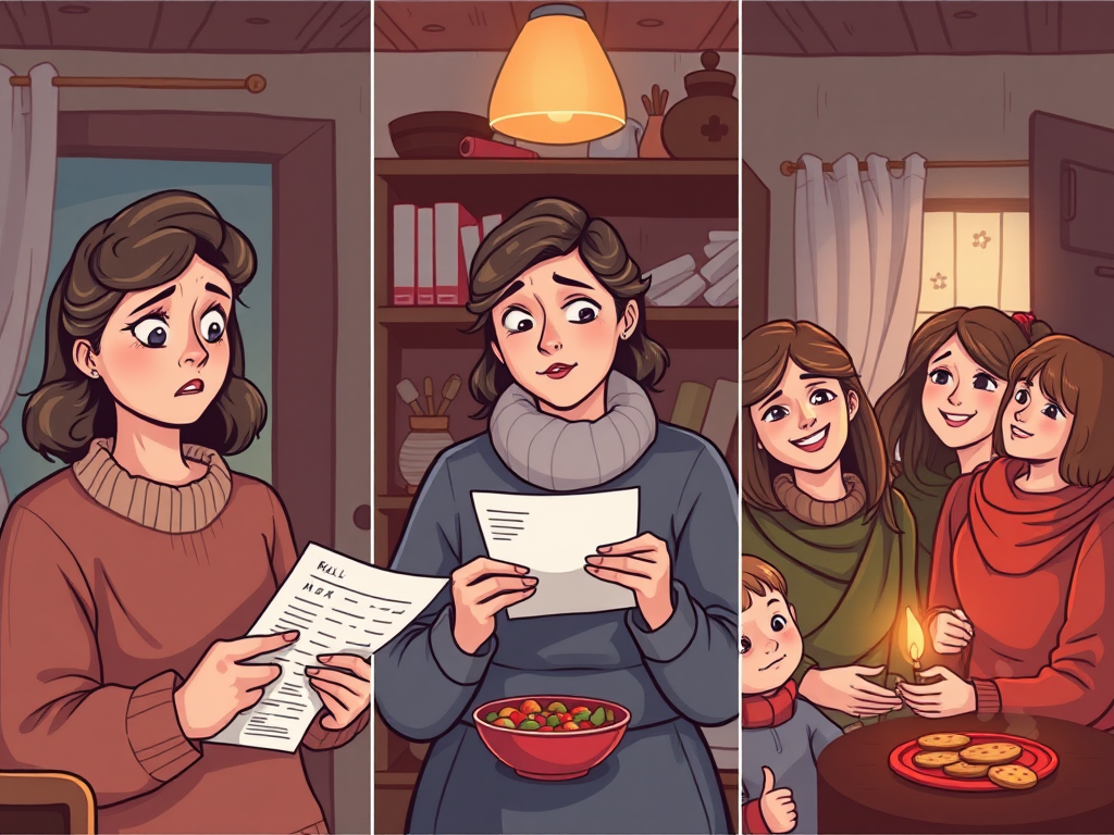 "Three panels showing women in a modest home" "First panel