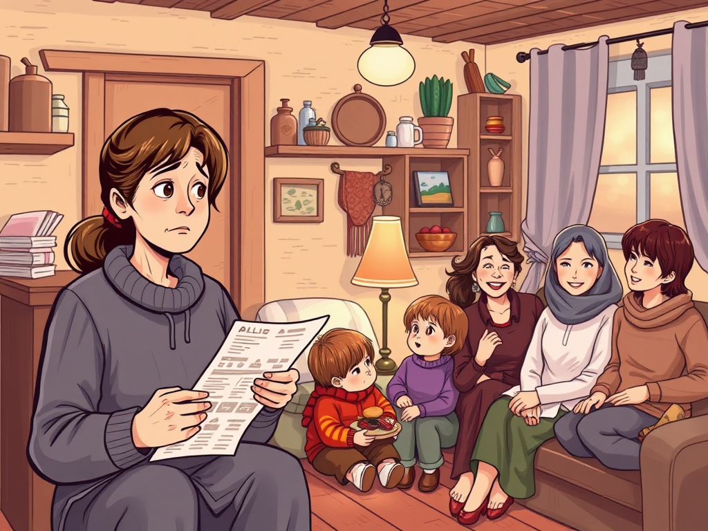 "Three panels showing women in a modest home" "First panel