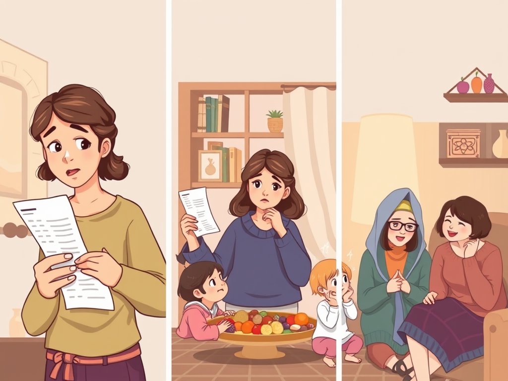 "Three panels showing women in a modest home" "First panel