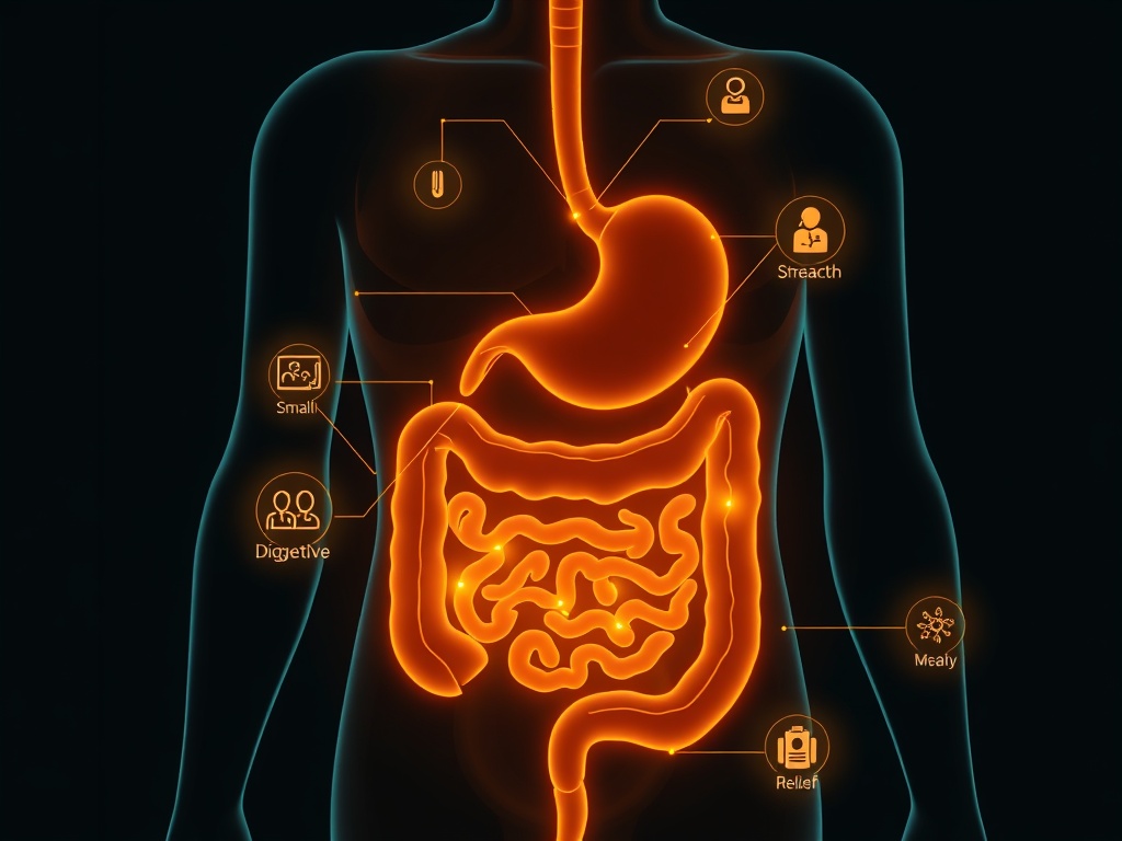 "A holistic, modular layout of the human digestive system, depicting stomach, small intestine, and colon interconnected with glowing signals; include subtle icons for microbiota, stress relief, and balanced meals, in a warm, inviting color palette."