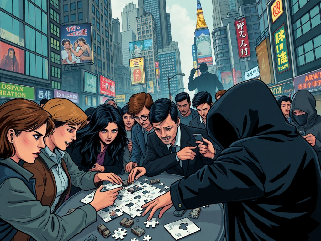 Een diverse groep mensen werkt samen aan puzzels in een drukke stad.