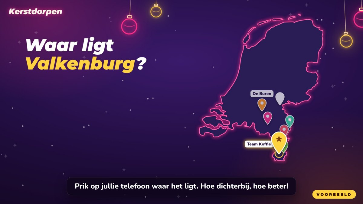 Kerstquiz-ronde Kerstdorpen van de Crazy Game Show: teams prikken op de kaart waar Valkenburg ligt