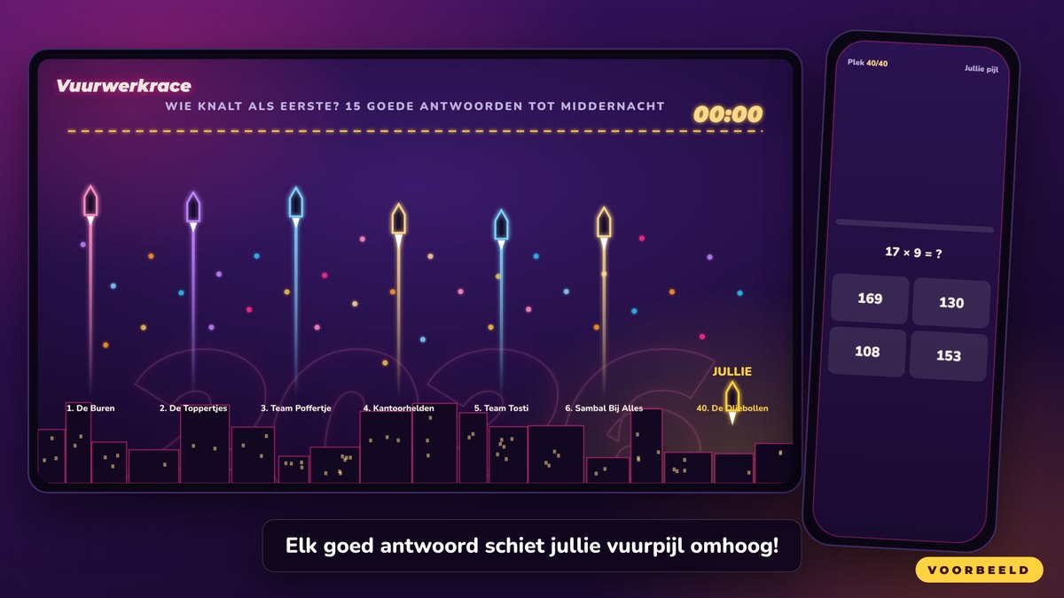 Eindejaarsquiz-ronde Vuurwerkrace van de Crazy Game Show: teams schieten hun vuurpijl naar middernacht