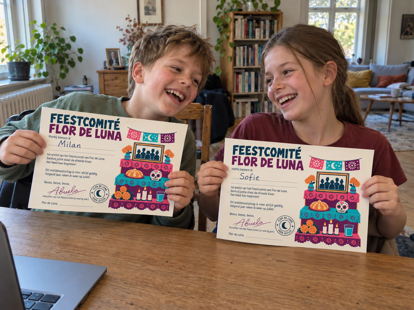 Kinderen met hun oorkonde: welkom in het feestcomité van Flor de Luna