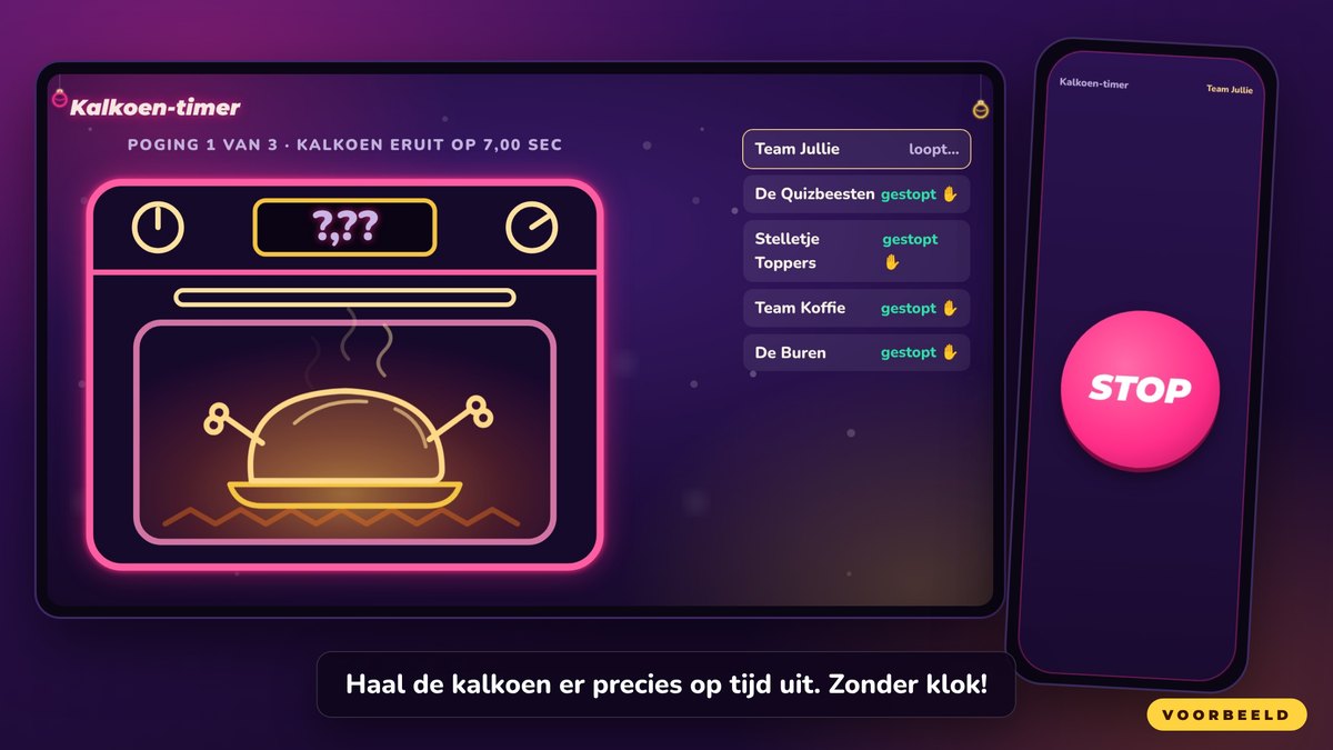 Kerstquiz-ronde Kalkoen-timer van de Crazy Game Show: een grote oven met de kalkoen, de klok verdwijnt