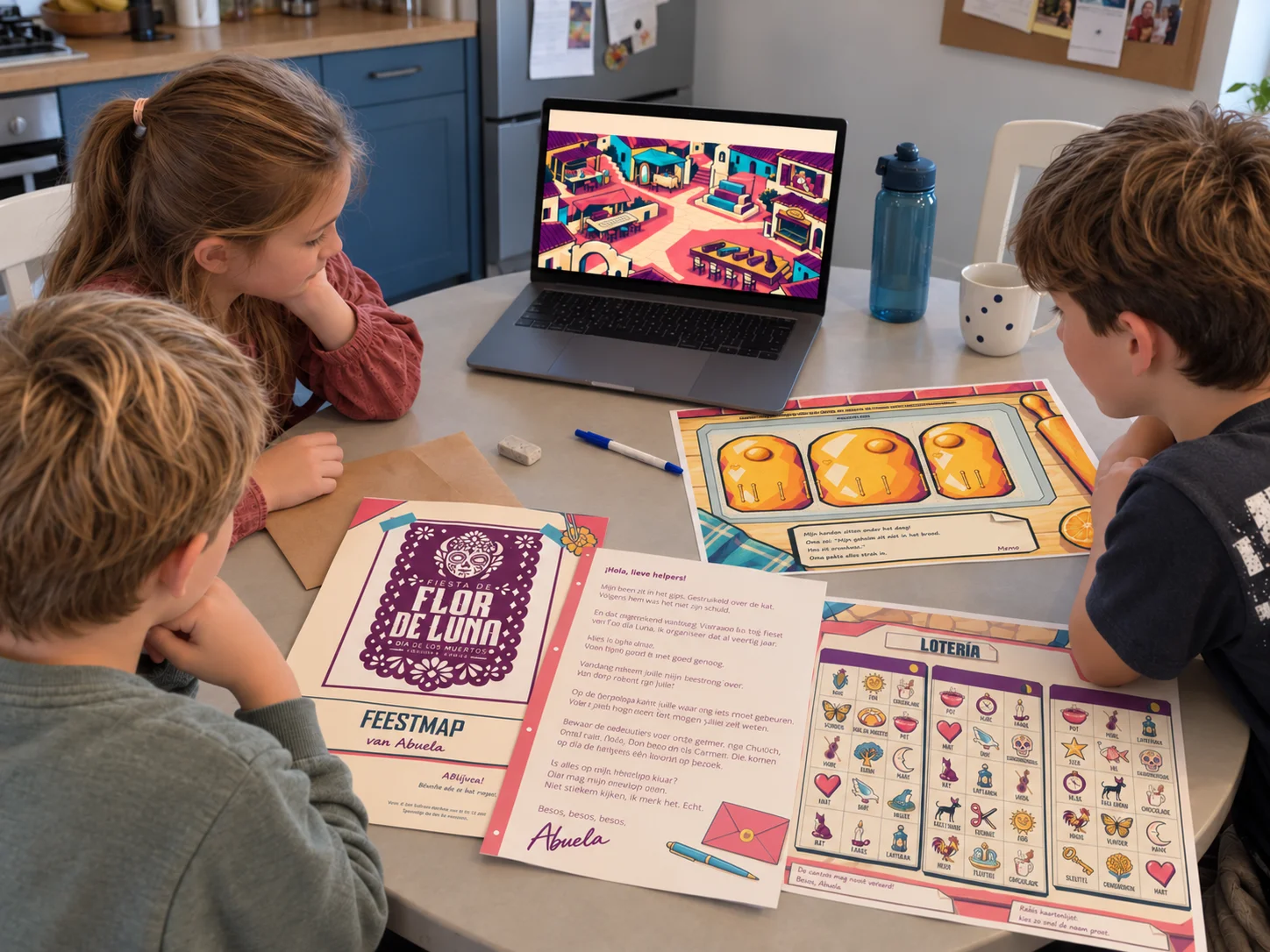 Kinderen buigen zich samen over de feestmap van Abuela