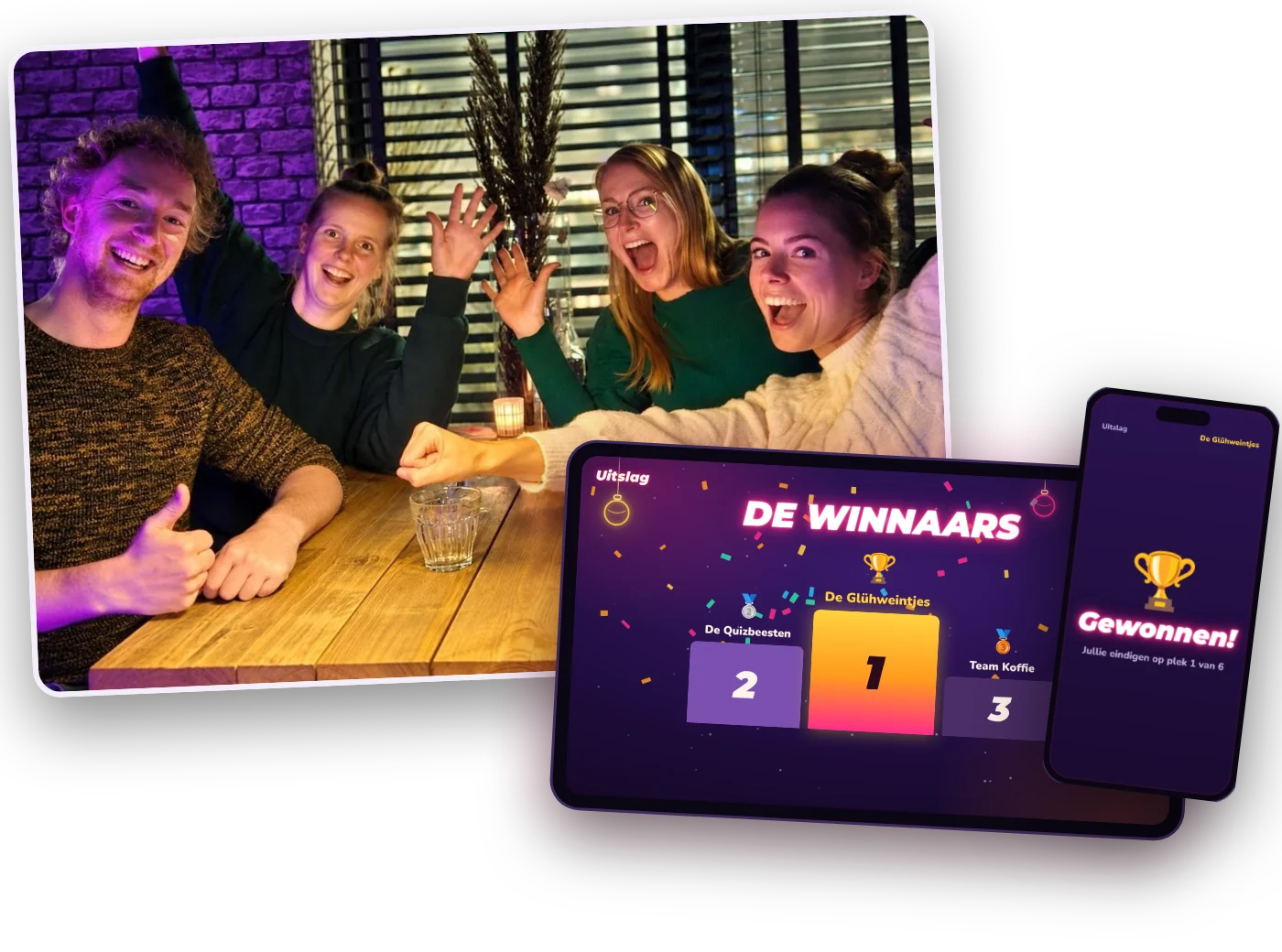 Uitslag van de Crazy Game Show Kerst: De Glühweintjes winnen Juichende collega's en de uitslag van de Crazy Game Show Kerst met de top 3