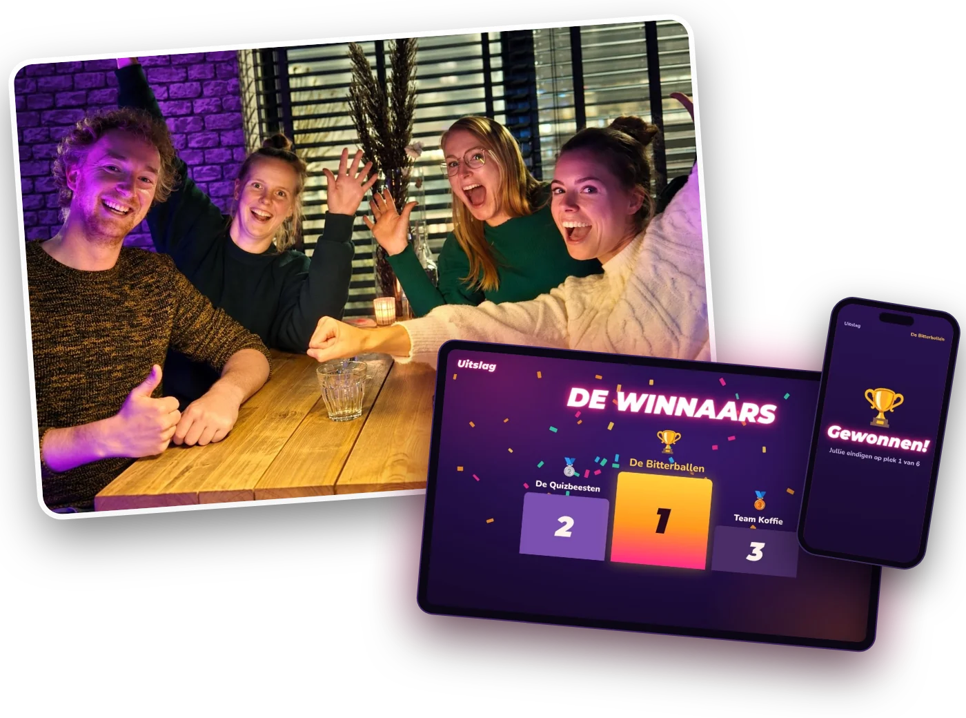 Juichende collega's en de uitslag van de Crazy Game Show met de top 3