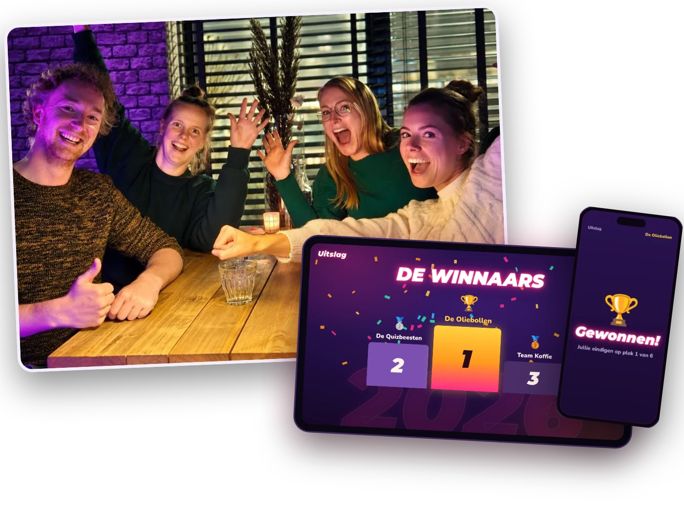 Uitslag van de Crazy Game Show Dit was 2026!: De Oliebollen winnen Juichende collega's en de uitslag van Dit was 2026! met de top 3