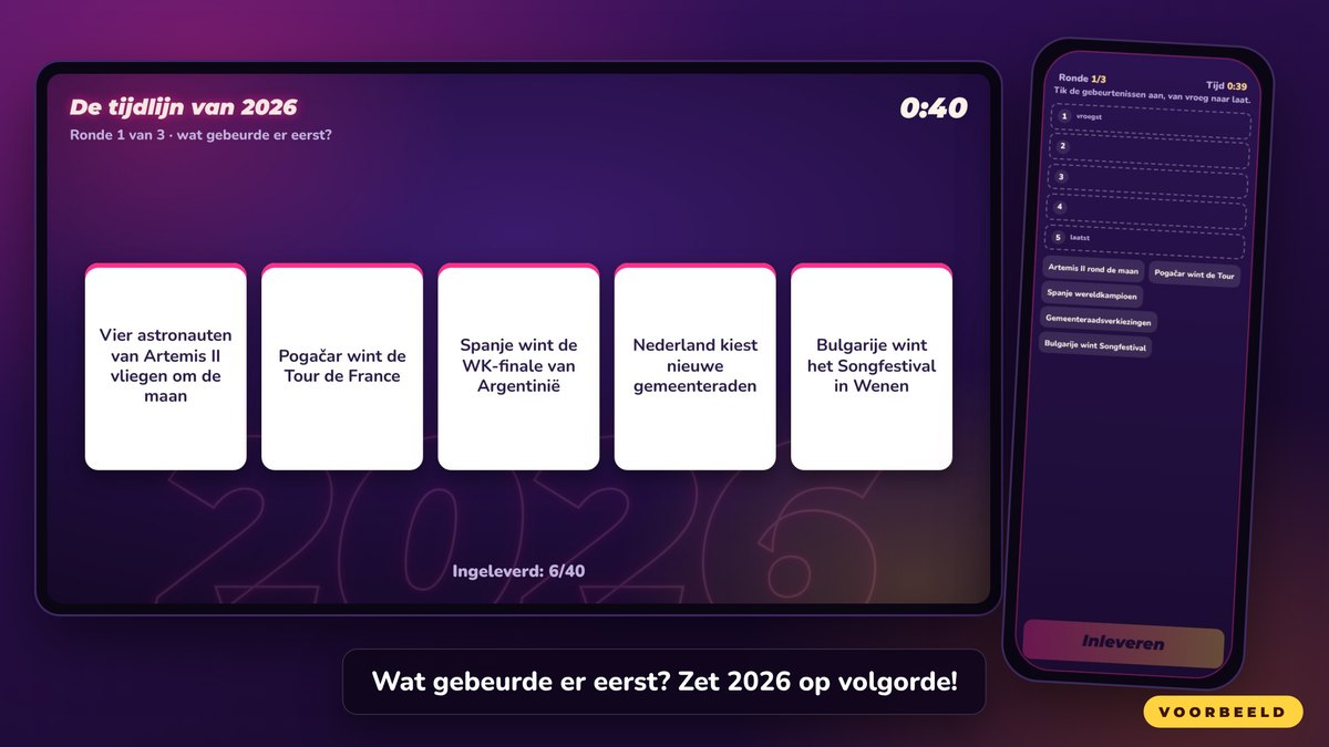 Eindejaarsquiz-ronde De tijdlijn van 2026 van de Crazy Game Show: zet momenten uit het jaar op volgorde