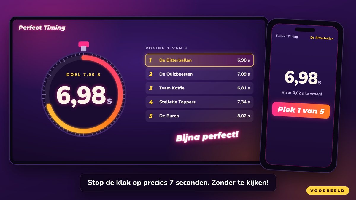 Spelshowronde Perfect Timing van de Crazy Game Show: stop de klok op precies 7 seconden