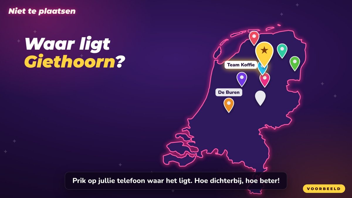 Spelshowronde Niet te plaatsen van de Crazy Game Show: teams prikken op de kaart waar Giethoorn ligt