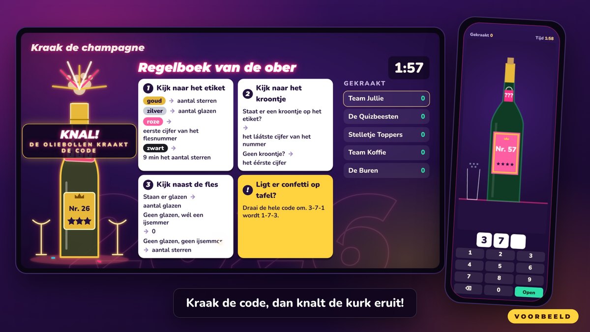 Eindejaarsquiz-ronde Kraak de champagne van de Crazy Game Show: de kurk knalt eruit als een team de code kraakt
