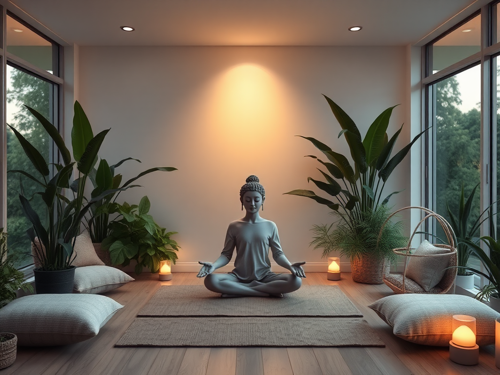 Een serene meditatie ruimte met zachte verlichting en planten.