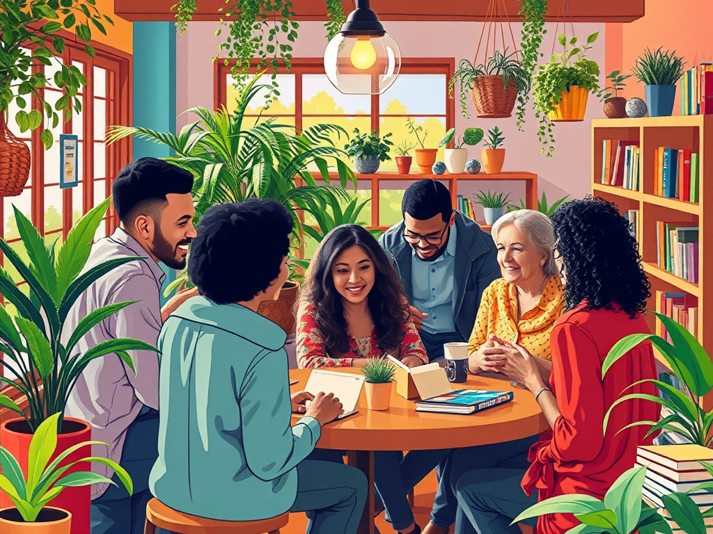 Een levendige gemeenschap met mensen die ideeën delen.