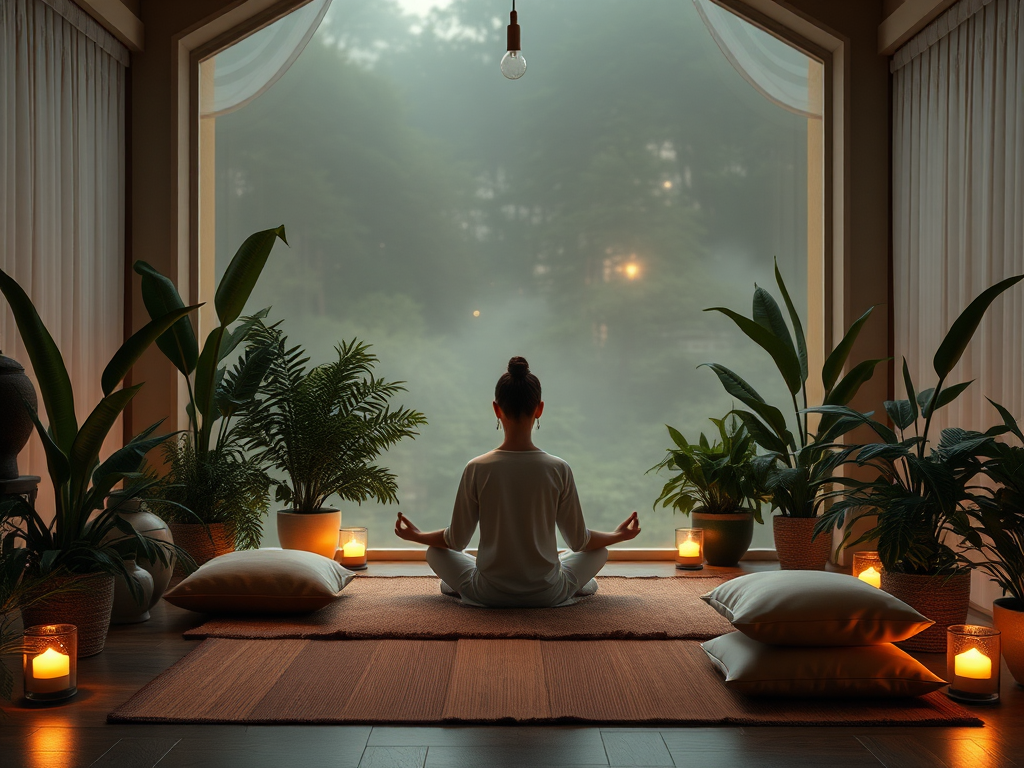 Een serene meditatieruimte met planten en zachte verlichting.