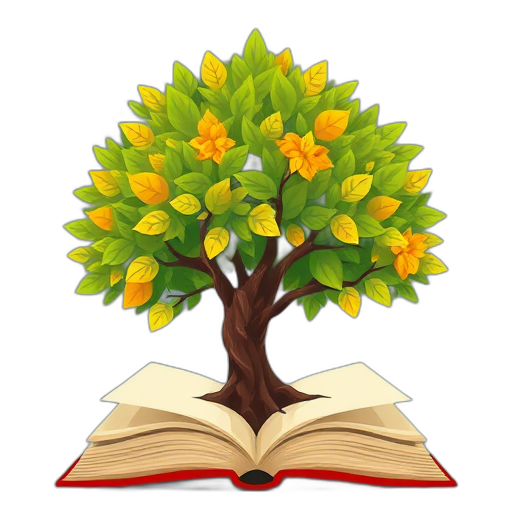 Een boom met levendige bladeren groeit uit een boek.