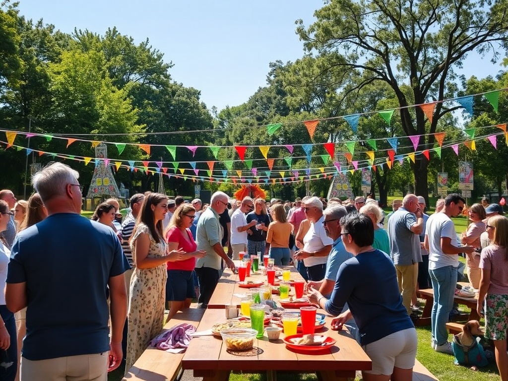 Een levendige bijeenkomst in een zonnig park met mensen.