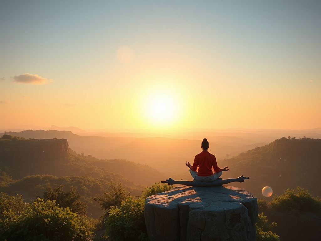 Een mediterende figuur op een klif bij zonsopgang.